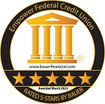 Empower Federal Credit Union Rated 5-Stars By Bauer. Awarded March 2023. www.bauerfinancial.com